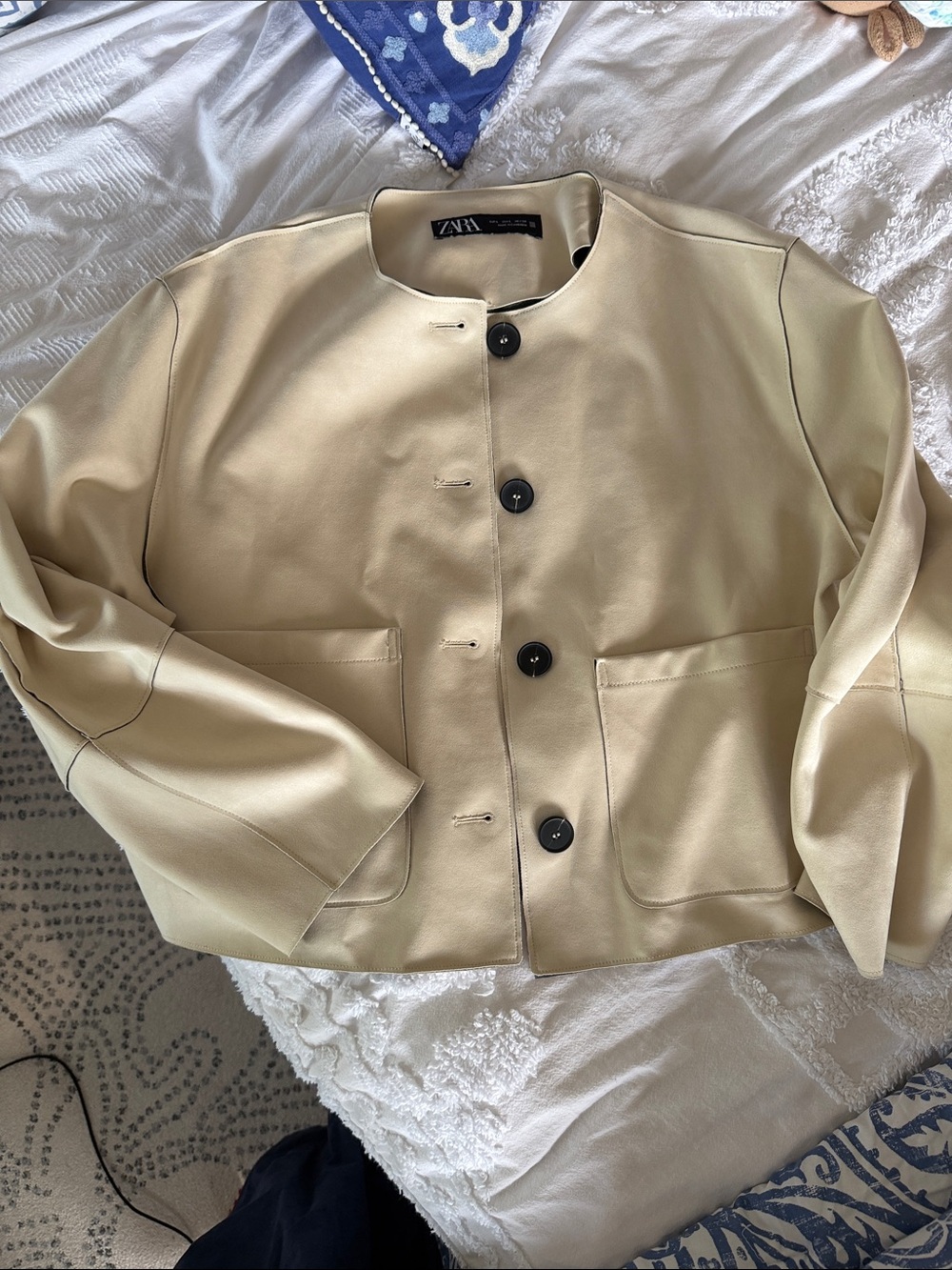 Zara Light Beige Suede Collarless Button Jacket with Black Buttons